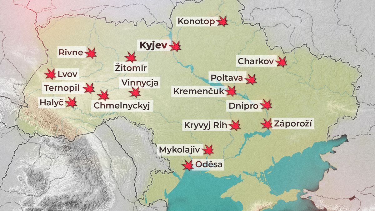 Mapa ruských útoků: Rakety dopadají na celou Ukrajinu